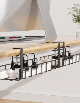 2 Pack Cable Management Under Desk Tray, 31.4″ No Drill Under Desk Wire Management with Upgraded Clamp, Metal Cord Organizers for Desk with Cable Organizers, PC Cable Management Rack, Black