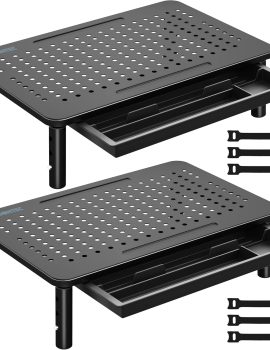 BONTEC 2 Pack Monitor Stand Riser with Drawer, 3 Height Adjustable PC Monitor Riser for Desk with Mesh Platform for Laptop, Computer, iMac, PC, Printer up to 44LBS/20KG, Cable Ties Included