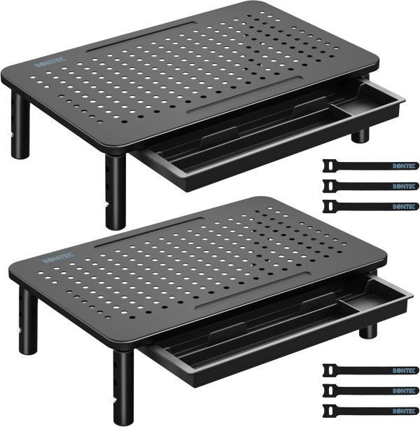 BONTEC 2 Pack Monitor Stand Riser with Drawer, 3 Height Adjustable PC Monitor Riser for Desk with Mesh Platform for Laptop, Computer, iMac, PC, Printer up to 44LBS/20KG, Cable Ties Included