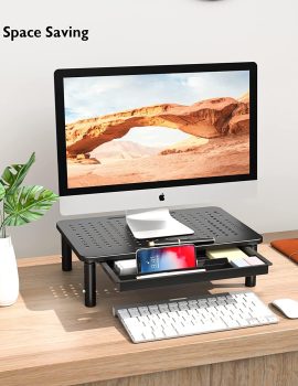 BONTEC 2 Pack Monitor Stand Riser with Drawer, 3 Height Adjustable PC Monitor Riser for Desk with Mesh Platform for Laptop, Computer, iMac, PC, Printer up to 44LBS/20KG, Cable Ties Included