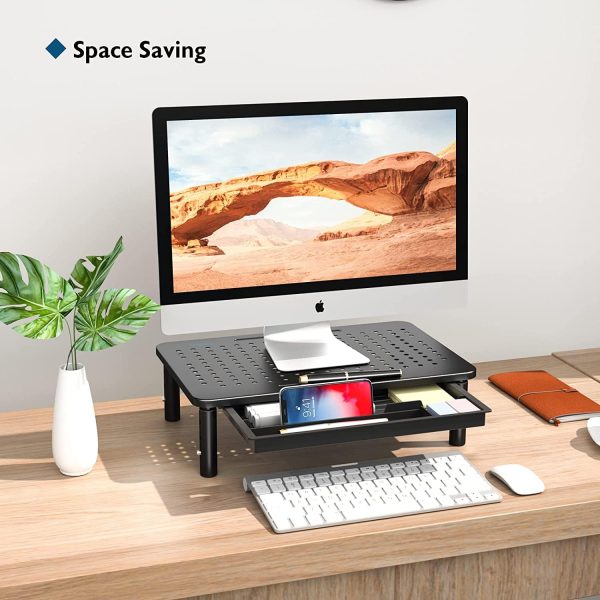 BONTEC 2 Pack Monitor Stand Riser with Drawer, 3 Height Adjustable PC Monitor Riser for Desk with Mesh Platform for Laptop, Computer, iMac, PC, Printer up to 44LBS/20KG, Cable Ties Included - Image 2