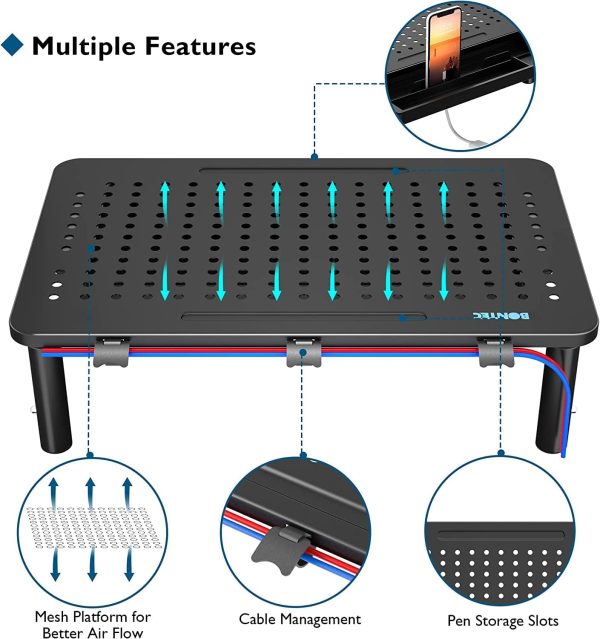 BONTEC 2 Pack Monitor Stand Riser with Drawer, 3 Height Adjustable PC Monitor Riser for Desk with Mesh Platform for Laptop, Computer, iMac, PC, Printer up to 44LBS/20KG, Cable Ties Included - Image 3