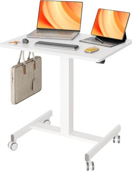 Claiks Mobile Standing Desk, Small Rolling Standing Desk, Mobile Desk Workstation with Wheels, Pneumatic Mobile Laptop Desk for Home Office with Hook, White