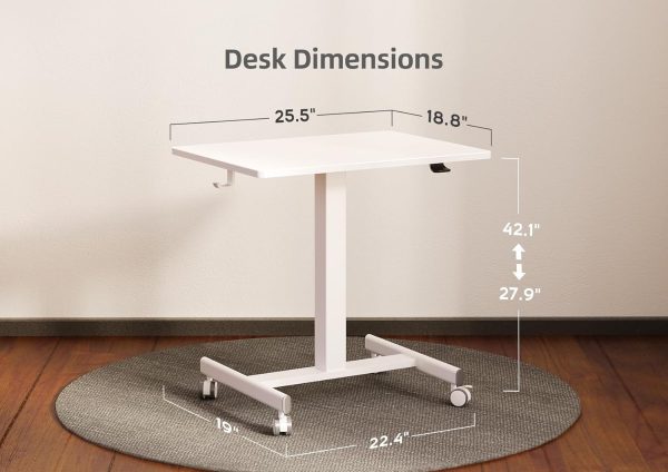 Claiks Mobile Standing Desk, Small Rolling Standing Desk, Mobile Desk Workstation with Wheels, Pneumatic Mobile Laptop Desk for Home Office with Hook, White - Image 3