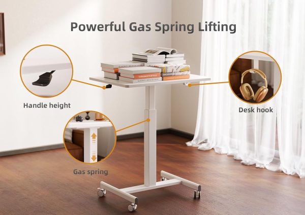 Claiks Mobile Standing Desk, Small Rolling Standing Desk, Mobile Desk Workstation with Wheels, Pneumatic Mobile Laptop Desk for Home Office with Hook, White - Image 4