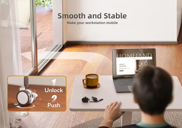 Claiks Mobile Standing Desk, Small Rolling Standing Desk, Mobile Desk Workstation with Wheels, Pneumatic Mobile Laptop Desk for Home Office with Hook, White - Image 6