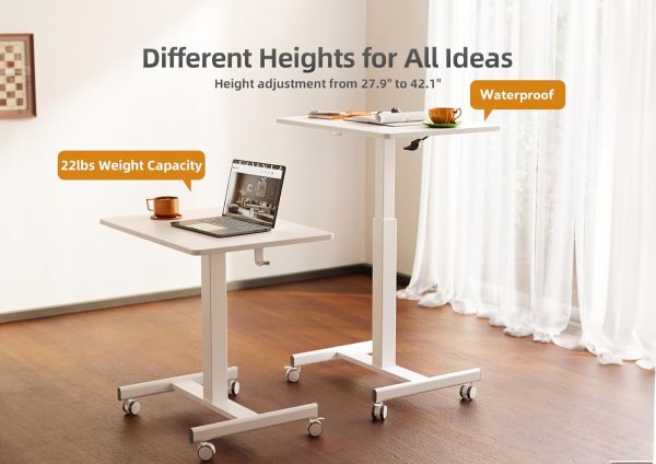 Claiks Mobile Standing Desk, Small Rolling Standing Desk, Mobile Desk Workstation with Wheels, Pneumatic Mobile Laptop Desk for Home Office with Hook, White - Image 7