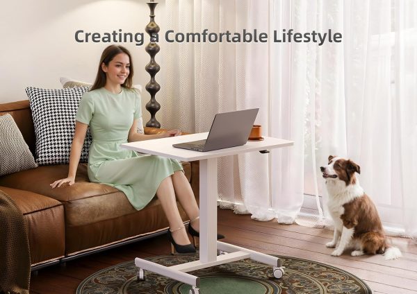 Claiks Mobile Standing Desk, Small Rolling Standing Desk, Mobile Desk Workstation with Wheels, Pneumatic Mobile Laptop Desk for Home Office with Hook, White - Image 9