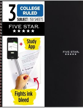 Five Star Spiral Notebook + Study App, 3 Subject, College Ruled Paper, Fights Ink Bleed, Water Resistant Cover, 8-1/2″ x 11″, 150 Sheets, Black (72069)