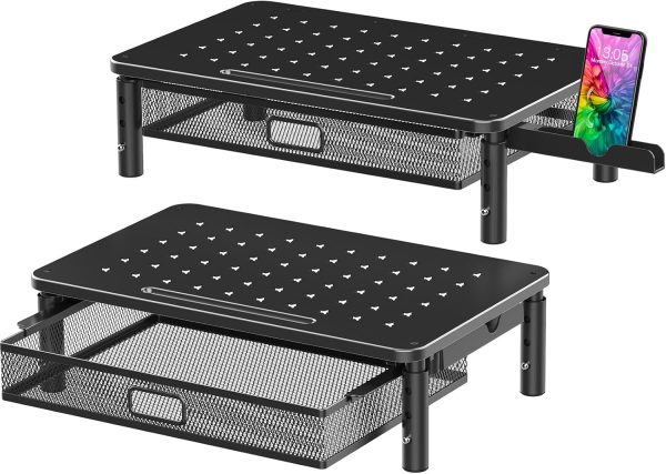 Zimilar 2 Pack Monitor Stand Riser with Metal Drawer, 3 Height Adjustable Monitor Riser with Phone Holder for Printer, Laptop, Premium Metal Computer Monitor Stand with Storage for 2 Monitors