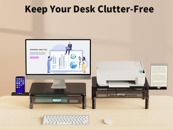 Zimilar 2 Pack Monitor Stand Riser with Metal Drawer, 3 Height Adjustable Monitor Riser with Phone Holder for Printer, Laptop, Premium Metal Computer Monitor Stand with Storage for 2 Monitors - Image 2